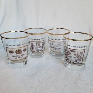Williams Sonoma 4 Vintage Double Old Fashioned Glasses Gold Rim Cognac Champagne